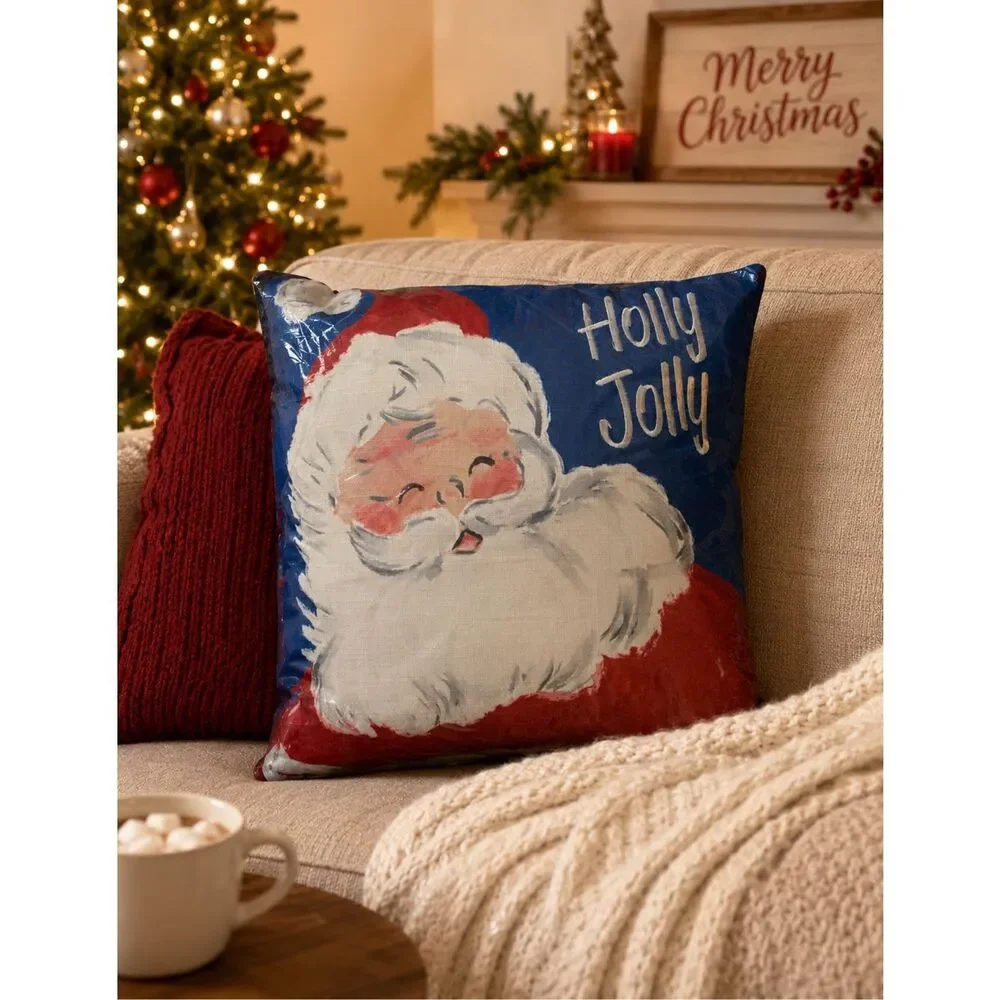 Holly Jolly Santa Christmas Throw Pillow 18x18 Holiday Decor Cushion